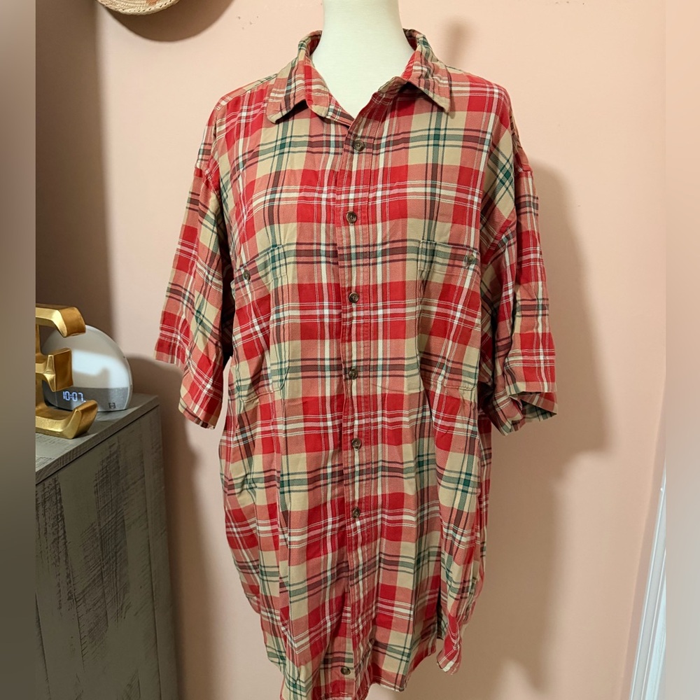 Abercrombie & Fitch Men’s Short Sleeve Red and Tan Plaid Shirt Sz XL